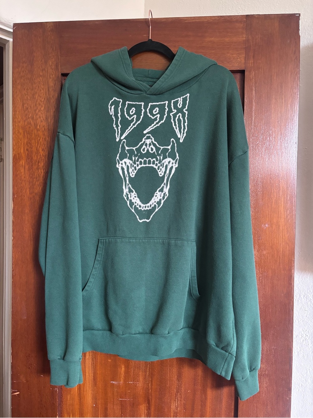 Fashion Nova Dark Green Graphic Hoodie with White Skull Print